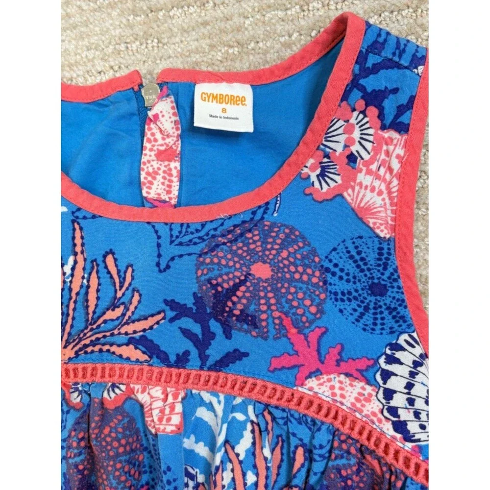 Gymboree Seashell Print Sundress Girls Size 8 Embroidered Blue A-Line Tank Dress